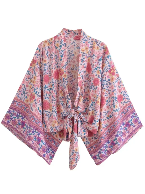 kimono vintage court mauve fleurie