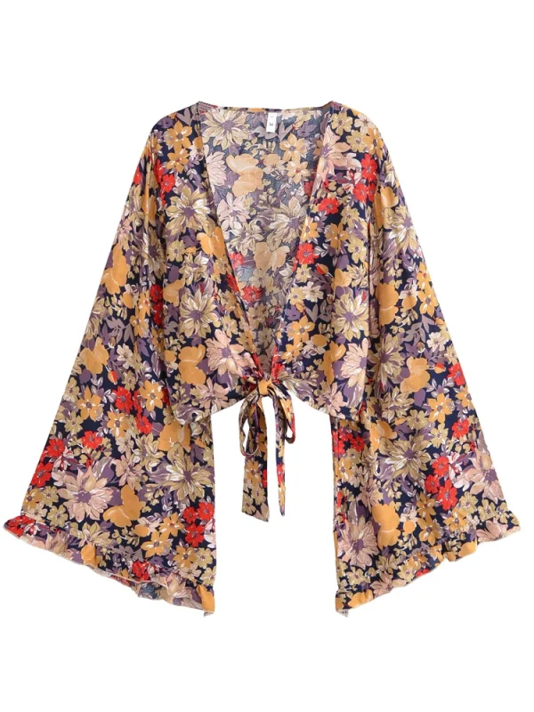 kimono vintage court fleur d'automne