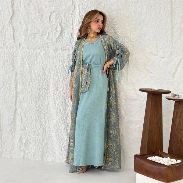 kimono abaya 2 pièces bleu cérémonial