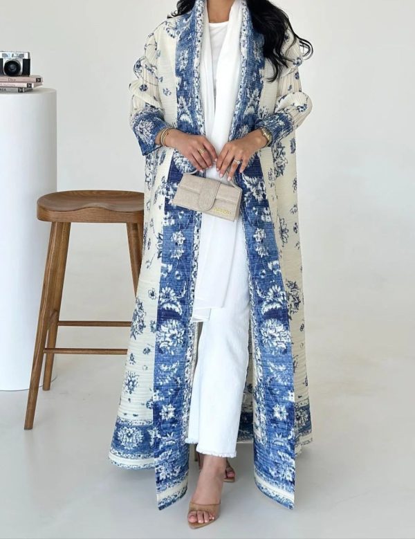 kimono abaya blanc à motifs bleus