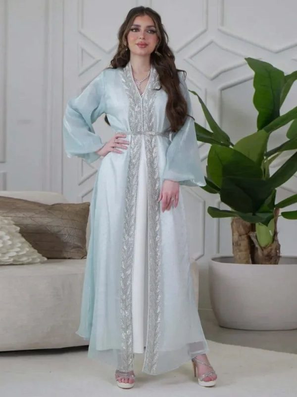 kimono abaya bleu à manches bouffantes