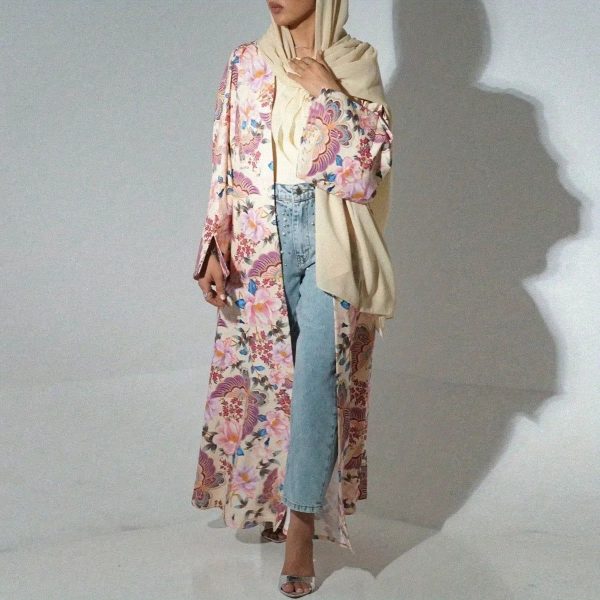 kimono abaya fleuri rose