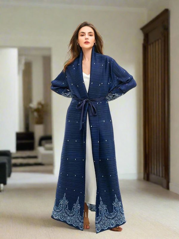 kimono abaya plissé bleu luxueux