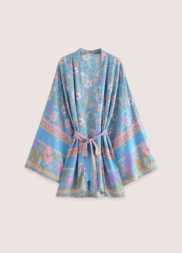 kimono court fleuri bleu et rose