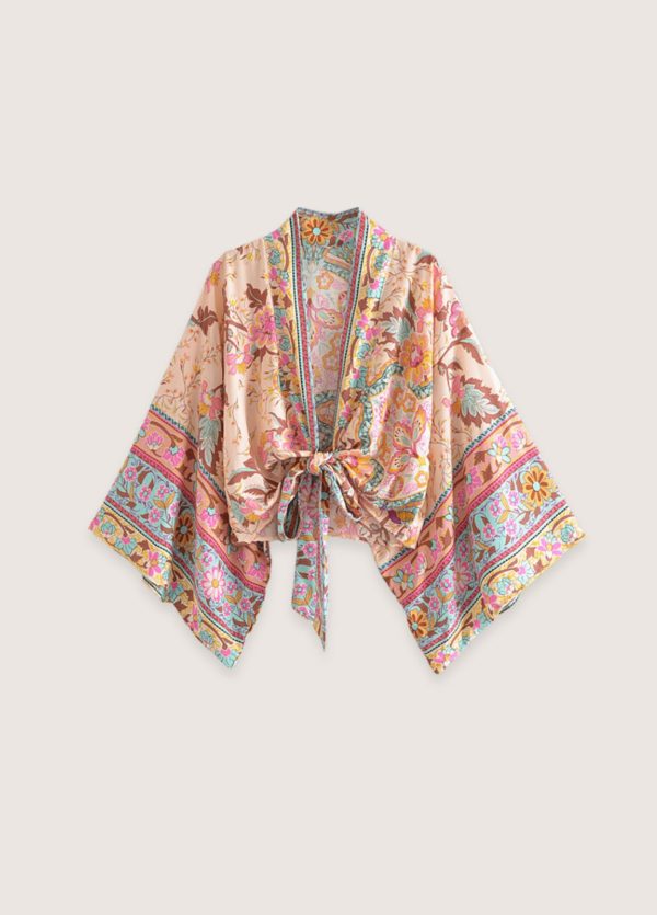 kimono fleuri style court rose pâle