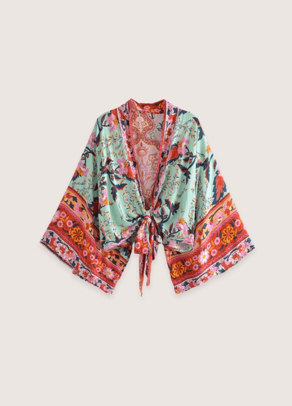 kimono court fleuri vert grisé