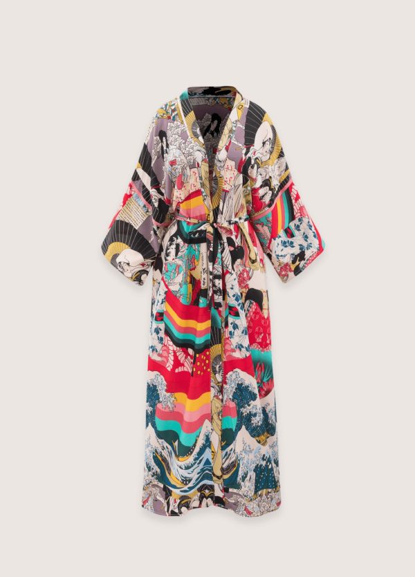 kimono long à imprimé japonais