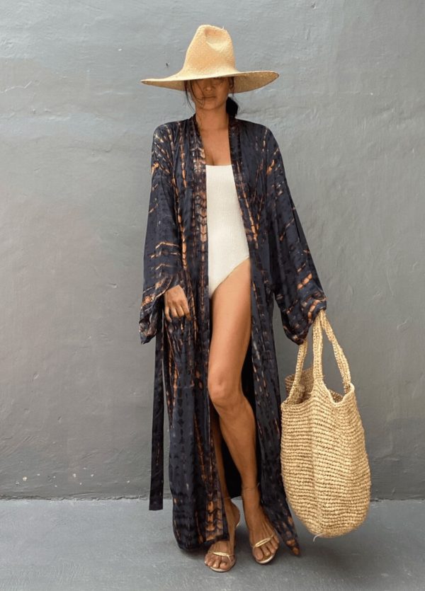 kimono long anthracite avec motif tie dye