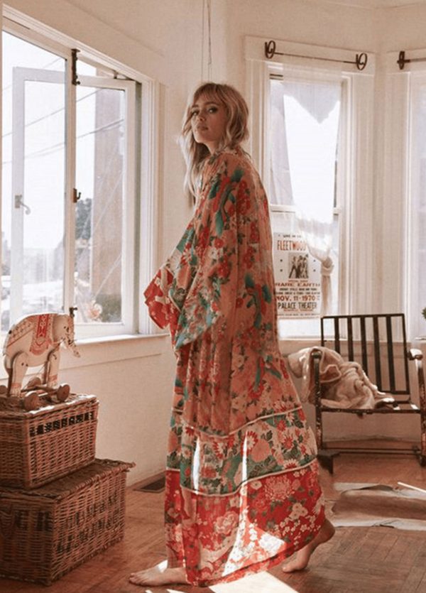 kimono long cuivre à motif fleuri