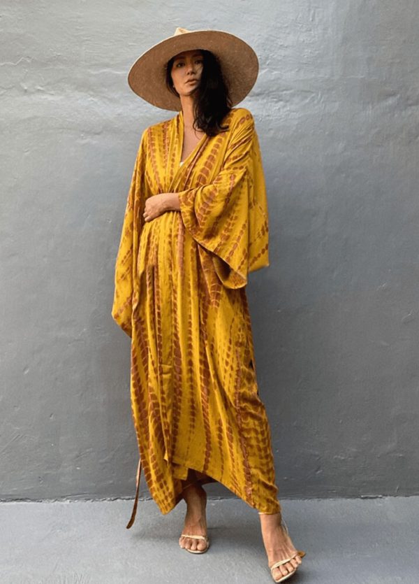 kimono long jaune à imprimé tie dye