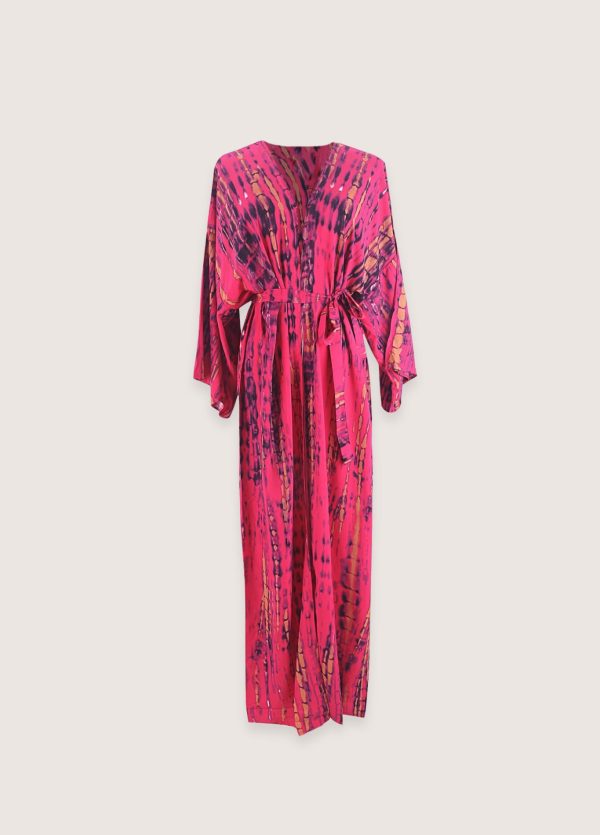 kimono long rose fuchsia à imprimé Tie Dye