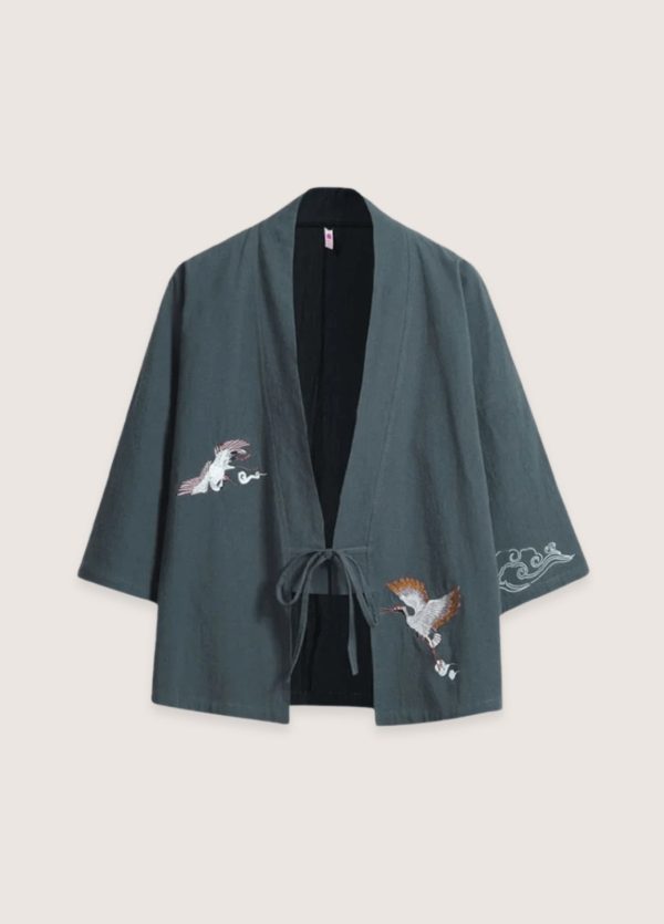 veste kimono bleu gris en lin | les deux grues