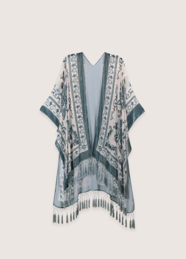 veste kimono crème et bleu gris